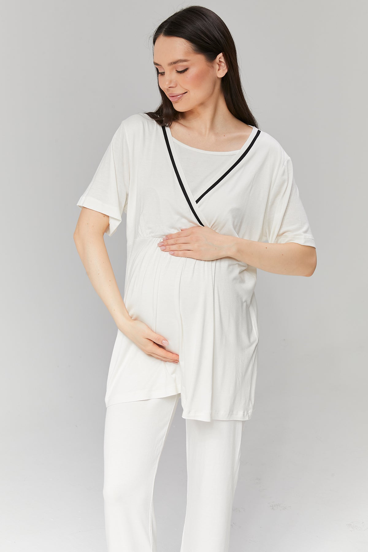Biyeli 3'lü Sabahlıklı Kruvaze Lohusa Pijama Takımı Ekru - 516