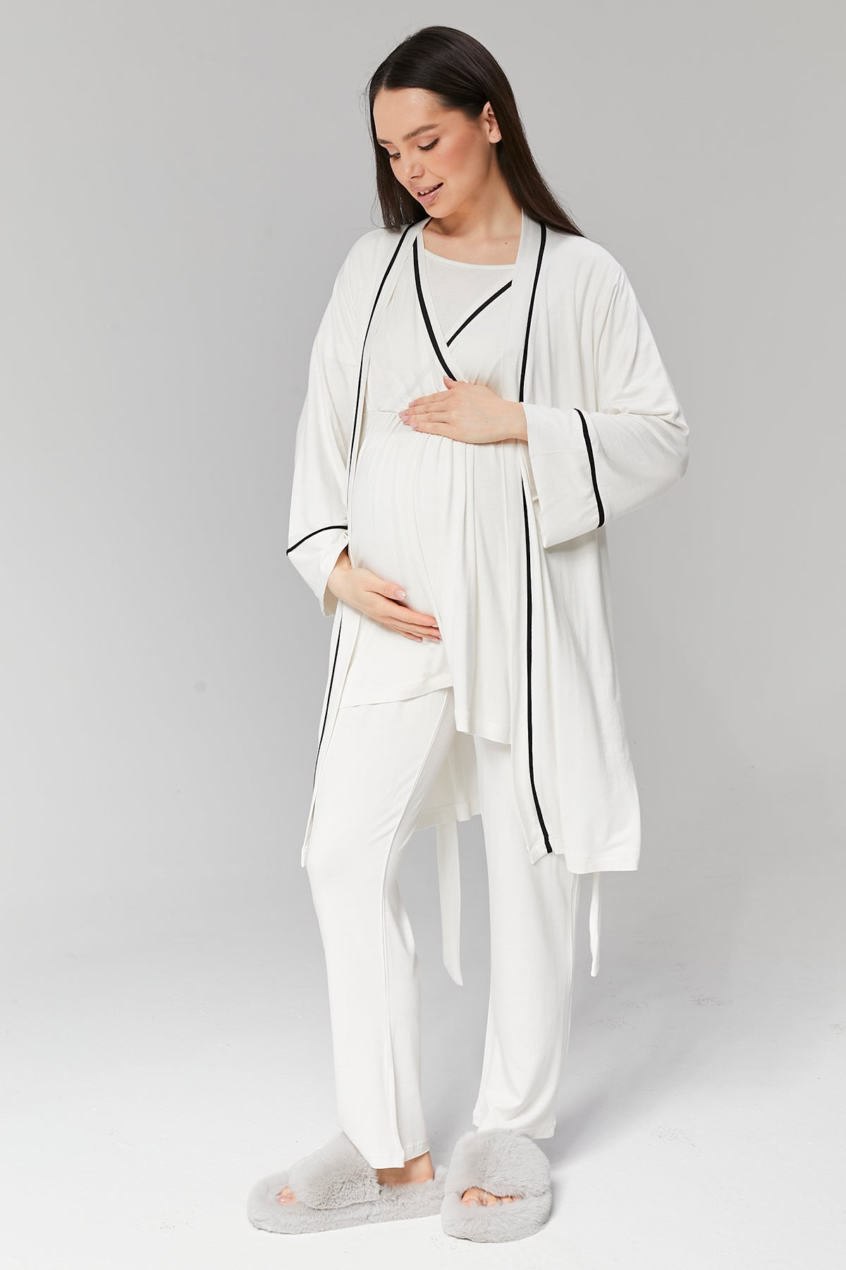 Biyeli 3'lü Sabahlıklı Kruvaze Lohusa Pijama Takımı Ekru - 516