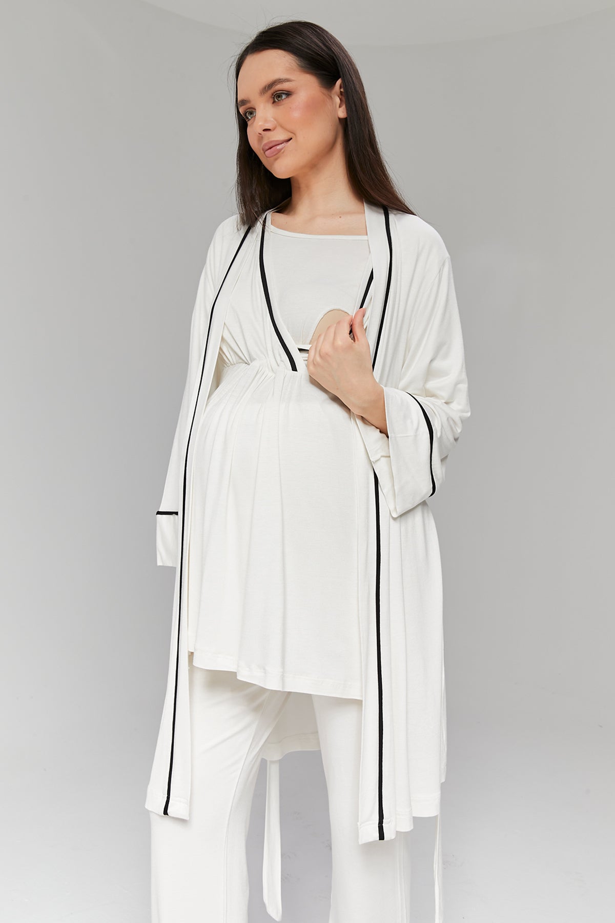 Biyeli 3'lü Sabahlıklı Kruvaze Lohusa Pijama Takımı Ekru - 516