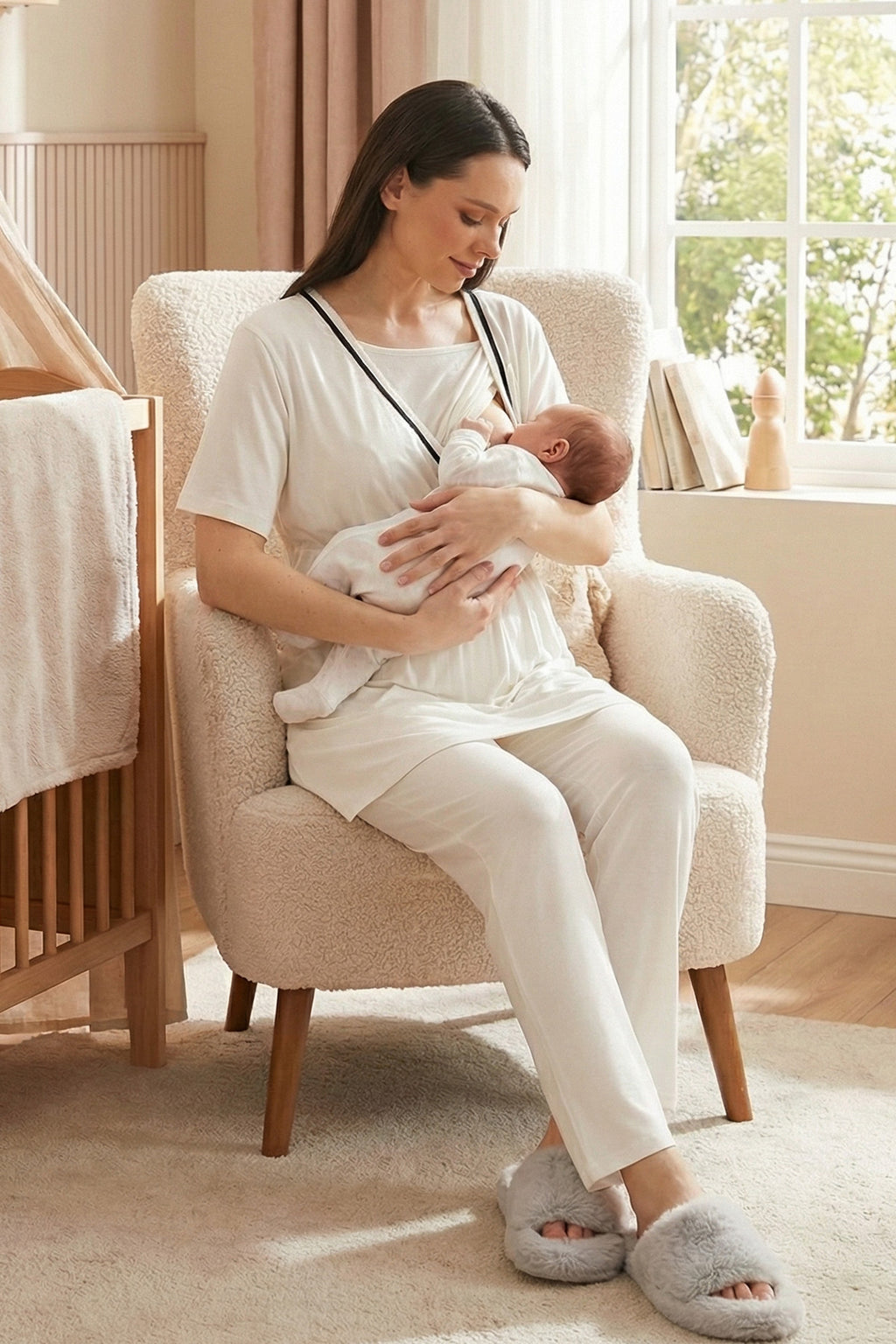 Biyeli 3'lü Sabahlıklı Kruvaze Lohusa Pijama Takımı Ekru - 516