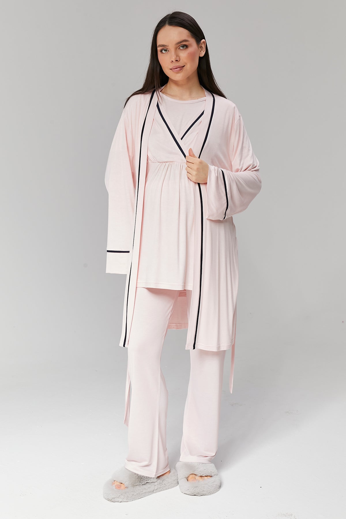 Biyeli 3'lü Sabahlıklı Kruvaze Lohusa Pijama Takımı Pembe - 517