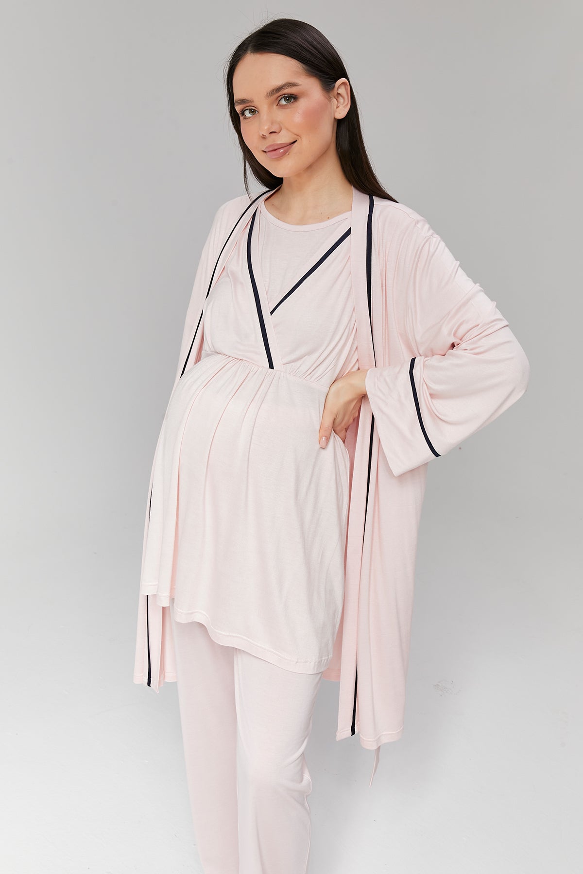 Biyeli 3'lü Sabahlıklı Kruvaze Lohusa Pijama Takımı Pembe - 517