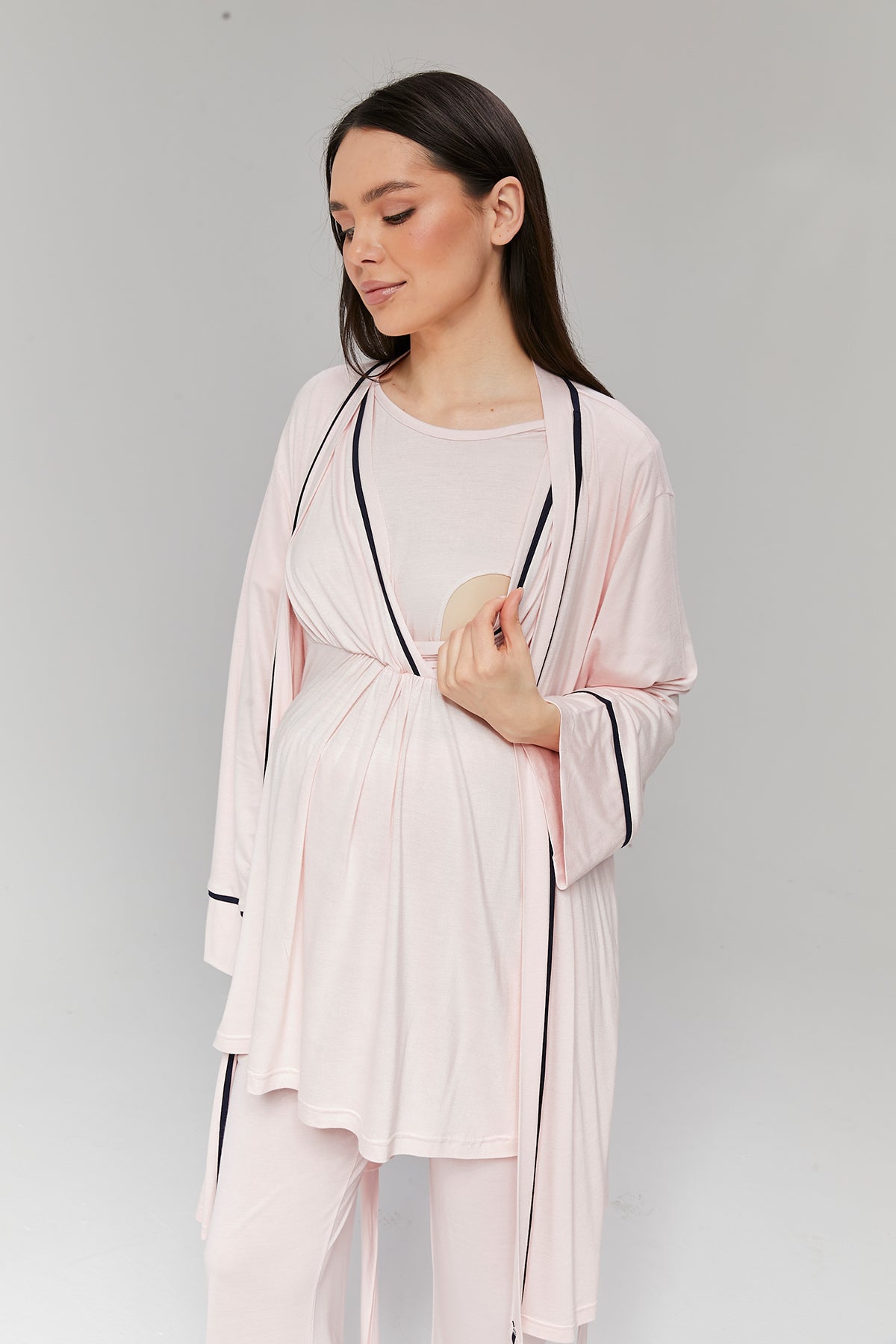Biyeli 3'lü Sabahlıklı Kruvaze Lohusa Pijama Takımı Pembe - 517