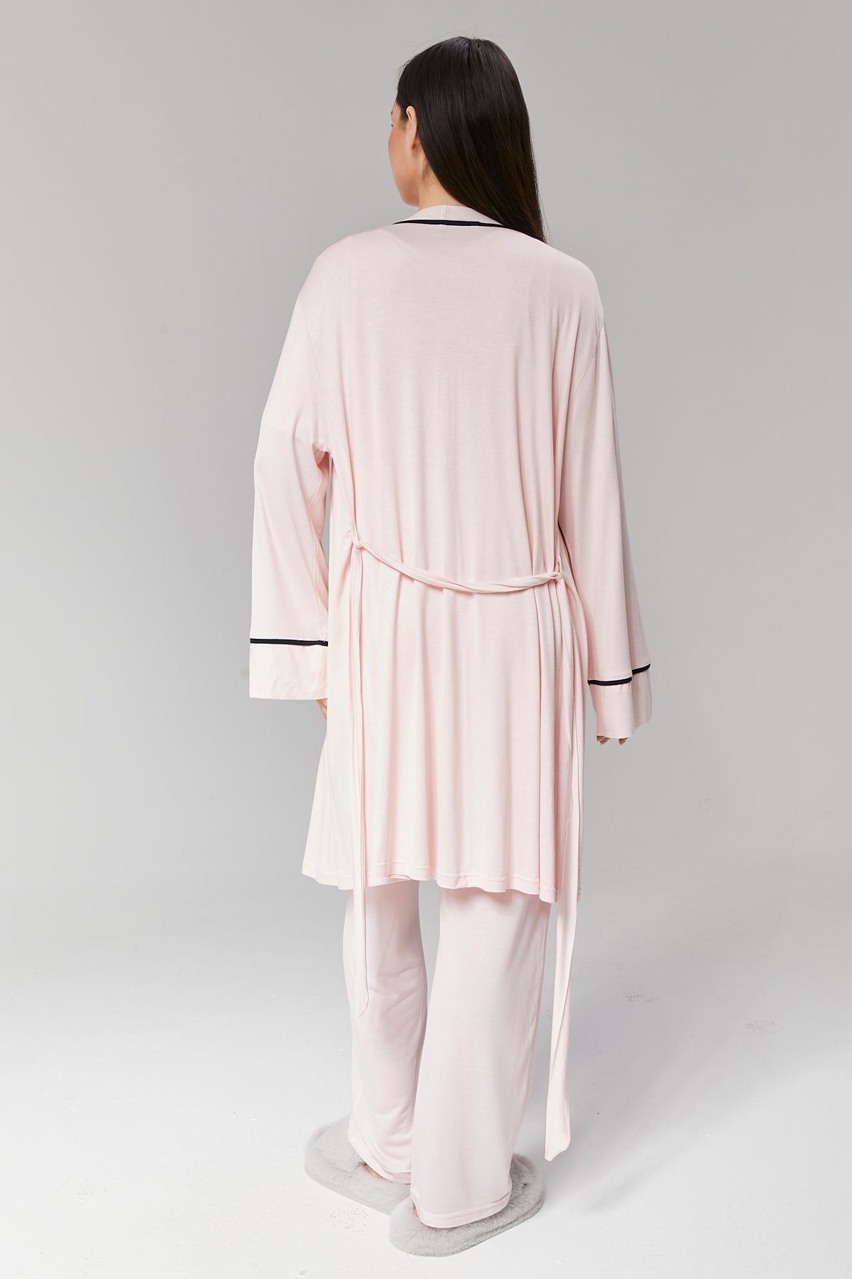 Biyeli 3'lü Sabahlıklı Kruvaze Lohusa Pijama Takımı Pembe - 517