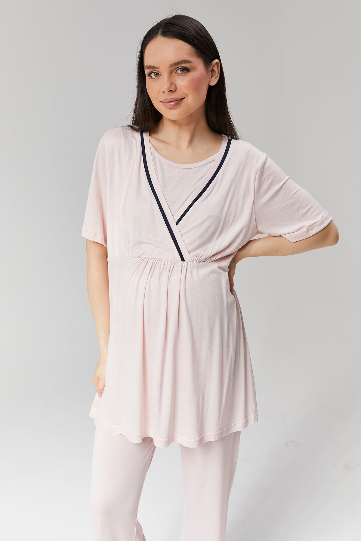 Biyeli 3'lü Sabahlıklı Kruvaze Lohusa Pijama Takımı Pembe - 517