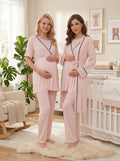 Biyeli 3'lü Sabahlıklı Kruvaze Lohusa Pijama Takımı Pembe - 517