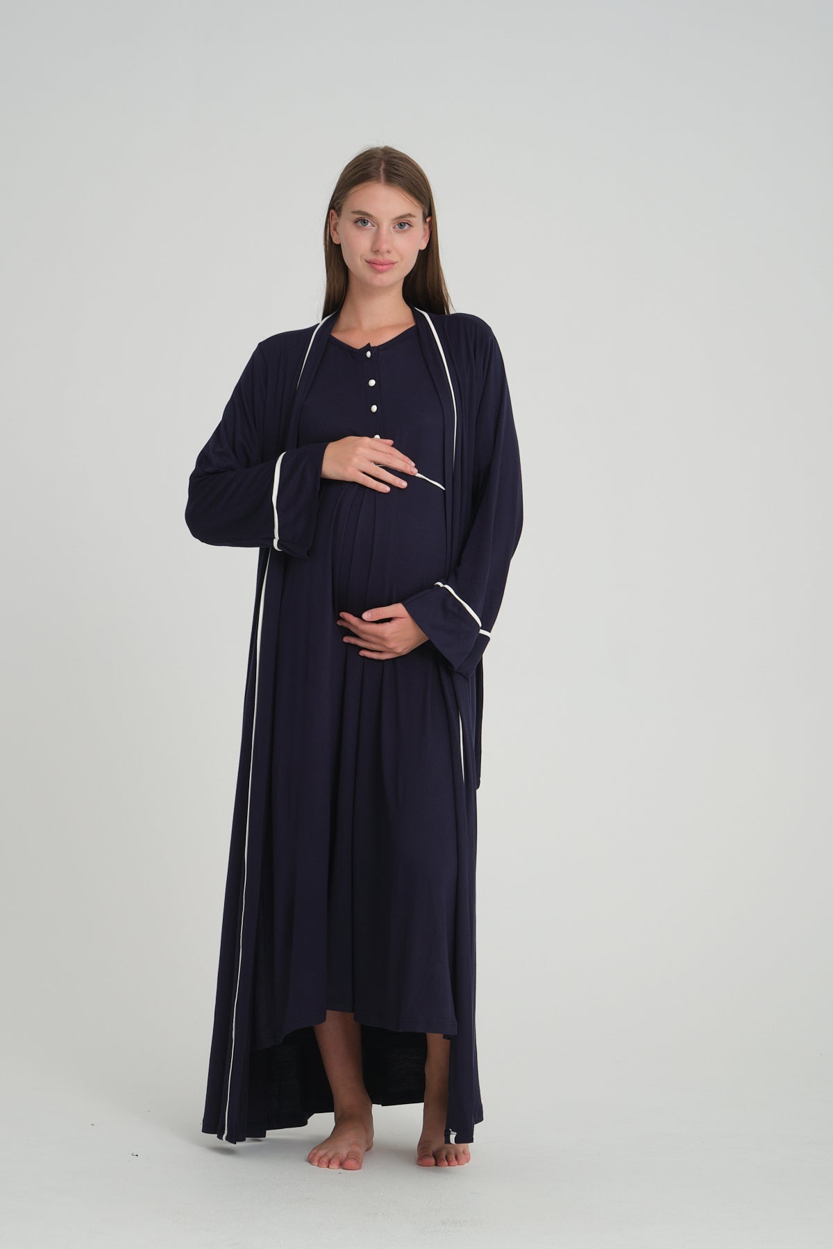 Biyeli 2'li Sabahlıklı Lohusa Gecelik Takımı Lacivert - 535