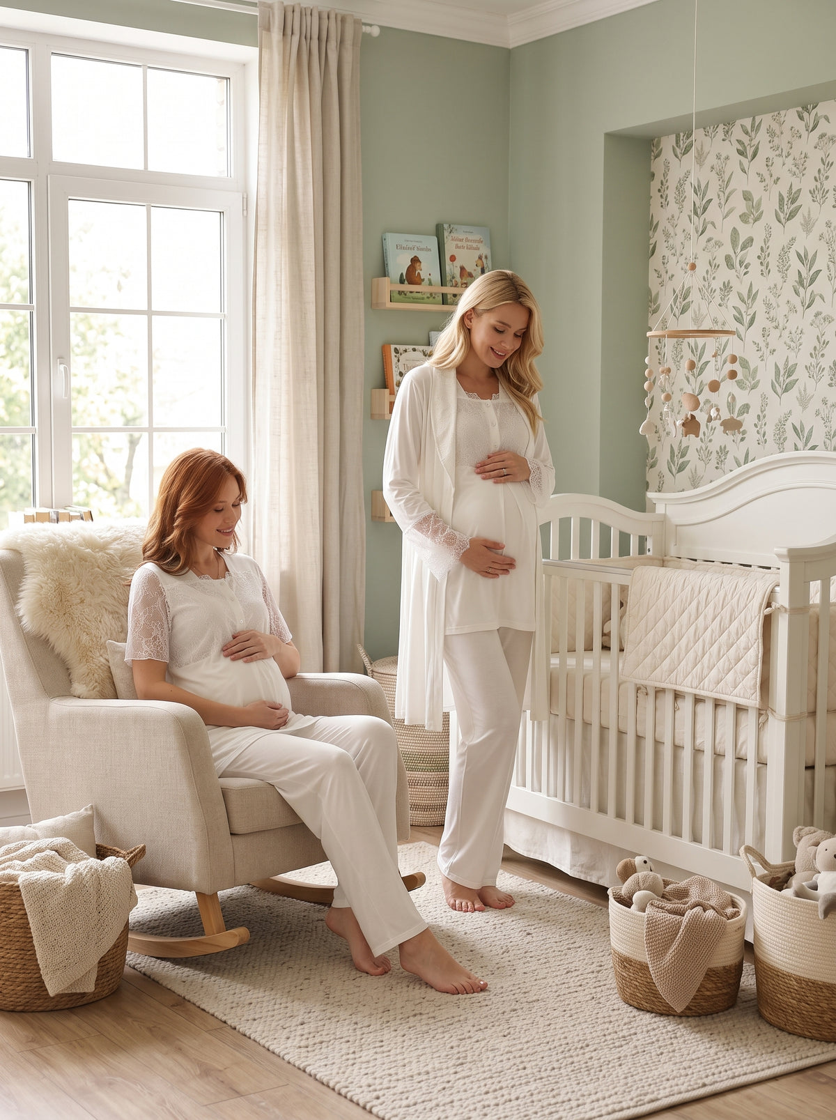 Dantel Detaylı Yakalı 3'lü Sabahlıklı Lohusa Pijama Takımı Ekru - 577