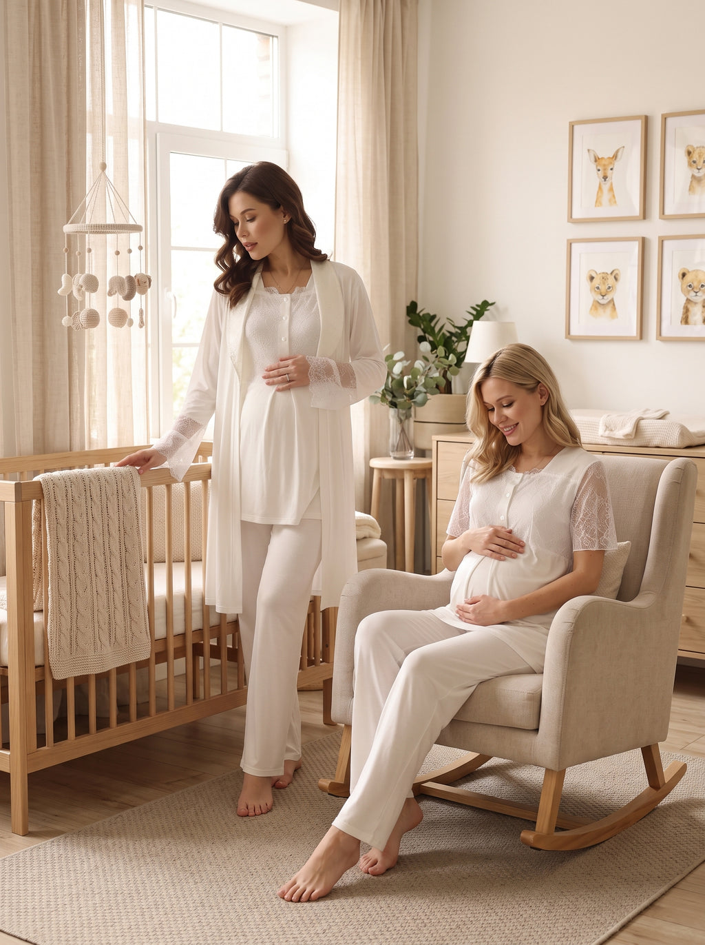 Dantel Detaylı Yakalı 3'lü Sabahlıklı Lohusa Pijama Takımı Ekru - 577