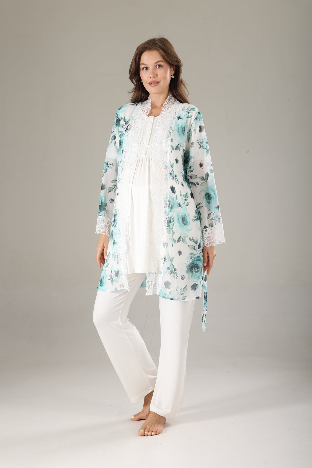 Desenli Şifon 3'lü Sabahlıklı Lohusa Pijama Takımı Mint - 811