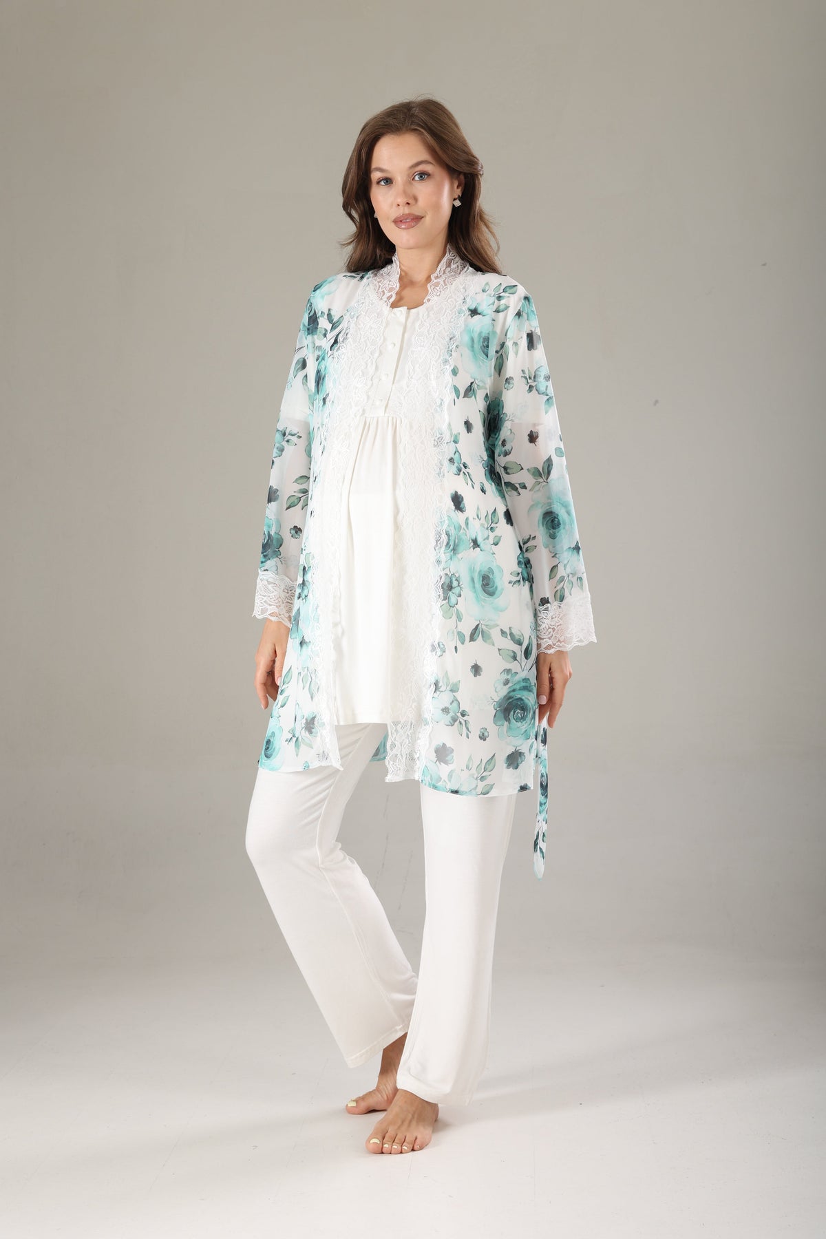 Desenli Şifon 3'lü Sabahlıklı Lohusa Pijama Takımı Mint - 811