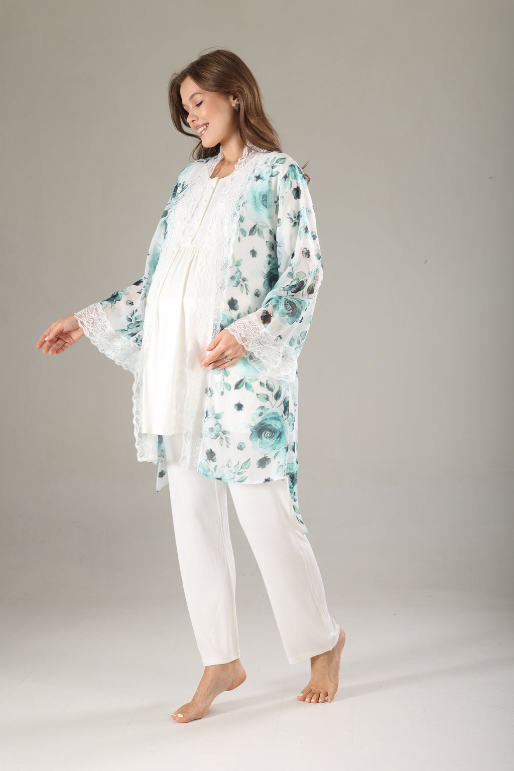 Desenli Şifon 3'lü Sabahlıklı Lohusa Pijama Takımı Mint - 811