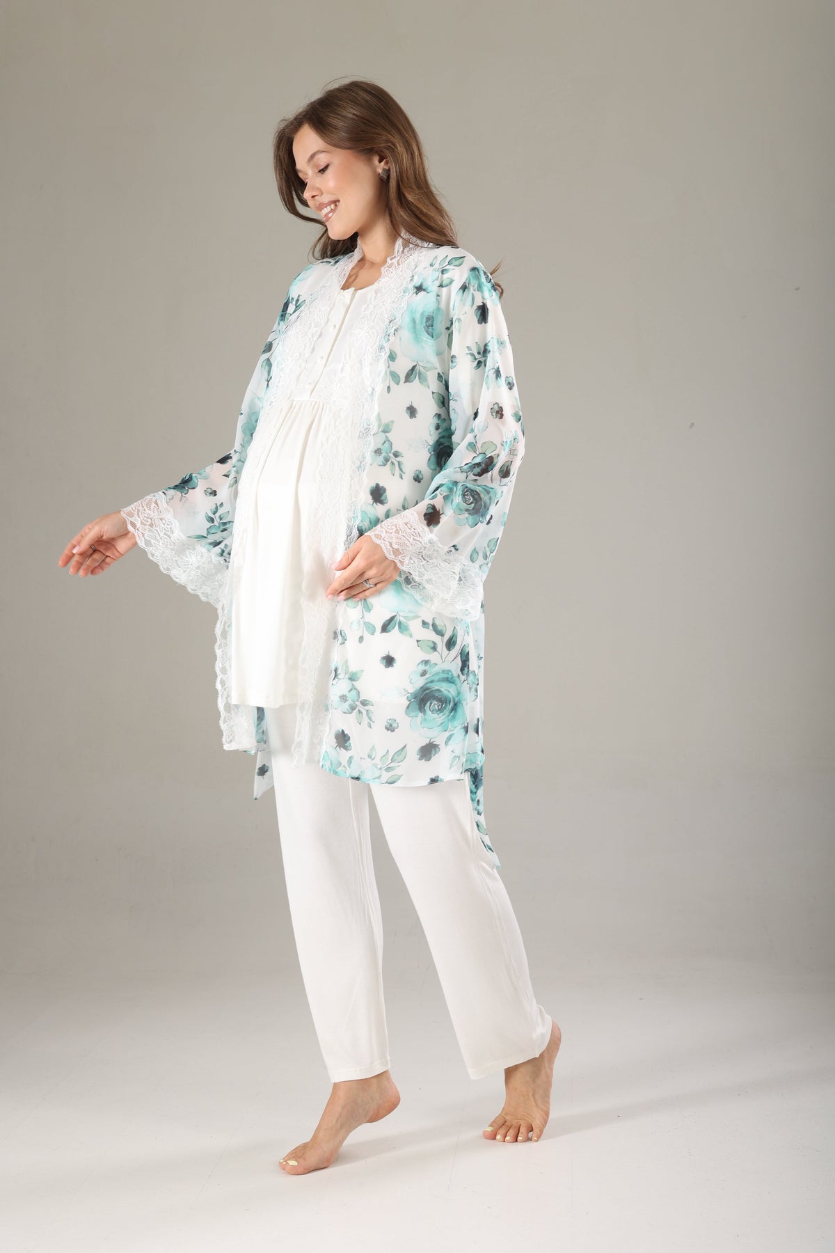 Desenli Şifon 3'lü Sabahlıklı Lohusa Pijama Takımı Mint - 811