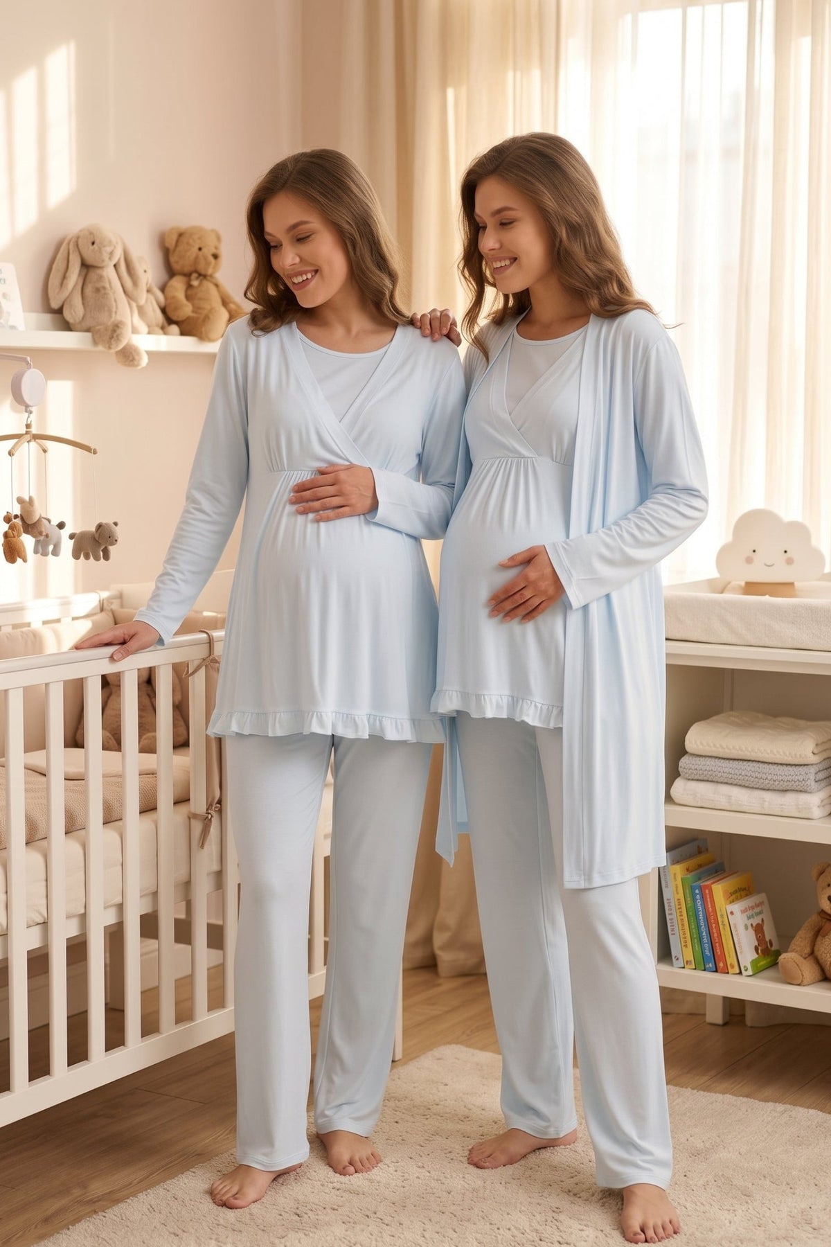 Kruvaze Sade Uzun Kollu 3'lü Sabahlıklı Lohusa Pijama Takımı Mavi - 640