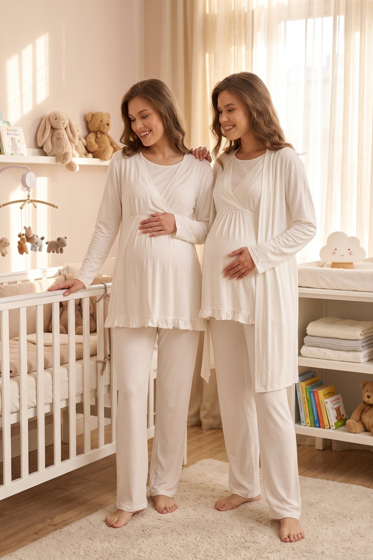 Kruvaze Sade Uzun Kollu 3'lü Sabahlıklı Lohusa Pijama Takımı Ekru - 624