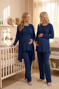 Kruvaze Sade Uzun Kollu 3'lü Sabahlıklı Lohusa Pijama Takımı Lacivert - 651