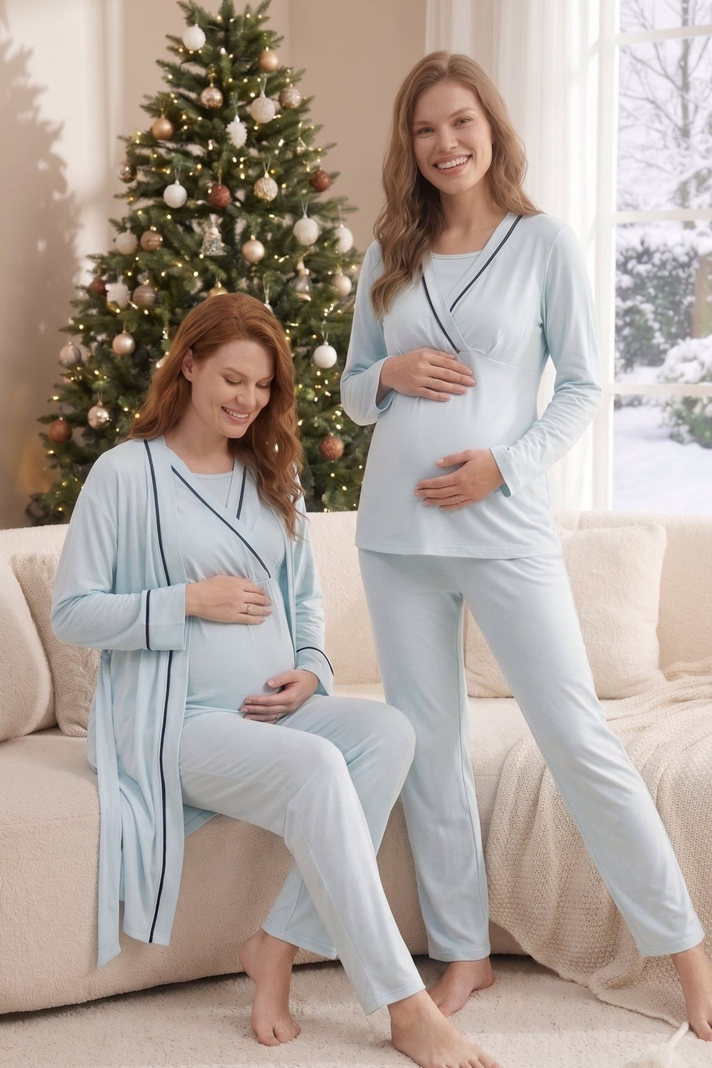 Biyeli Uzun Kollu 3'lü Sabahlıklı Gizli Emzirme Özellikli Lohusa Pijama Takımı Mavi - 547