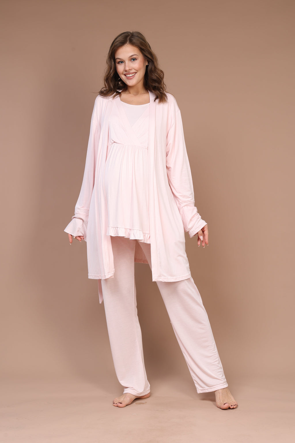 Kruvaze Sade Uzun Kollu 3'lü Sabahlıklı Lohusa Pijama Takımı Pembe - 625