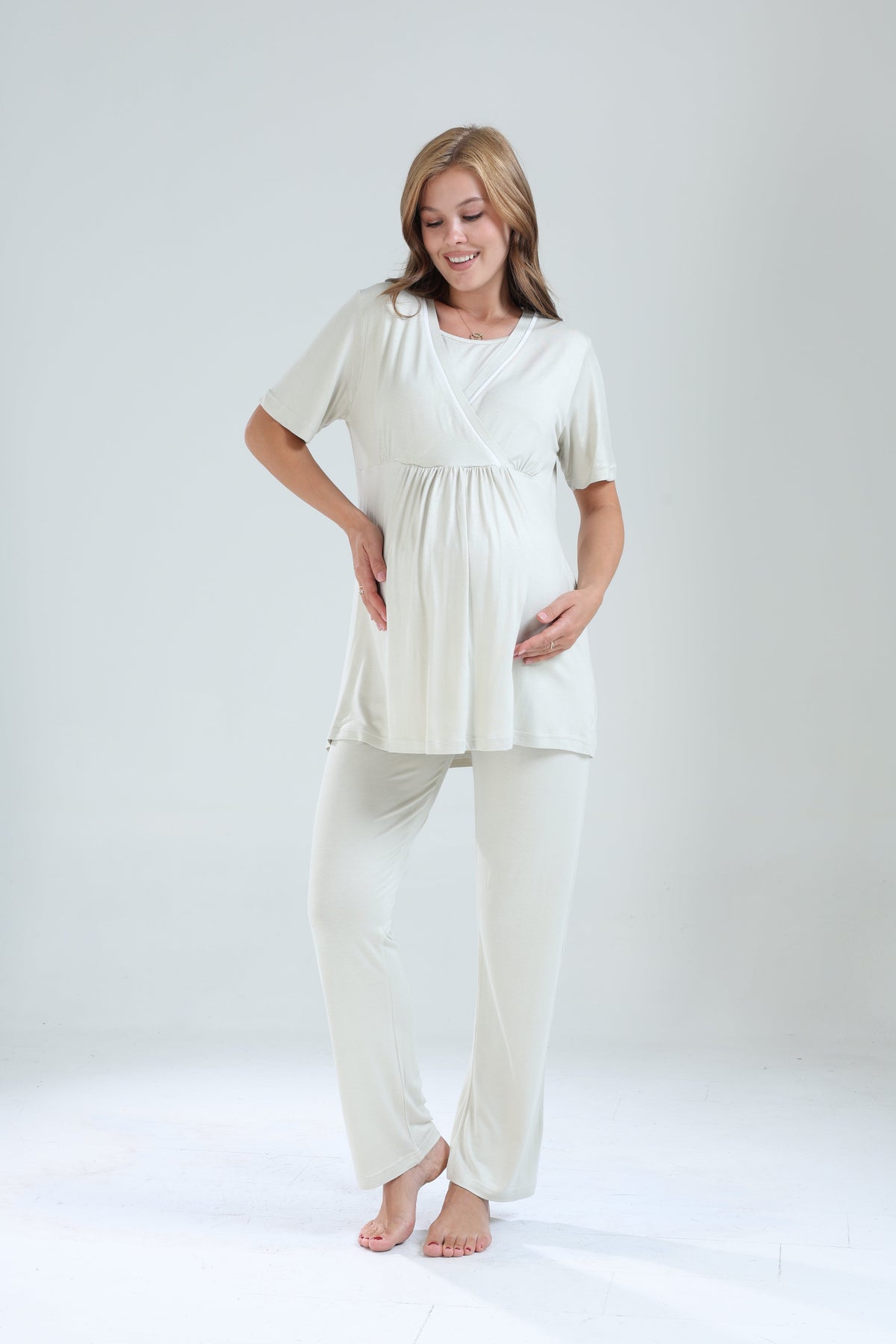 Biyeli 3'lü Sabahlıklı Kruvaze Lohusa Pijama Takımı Mint Yeşili - 529