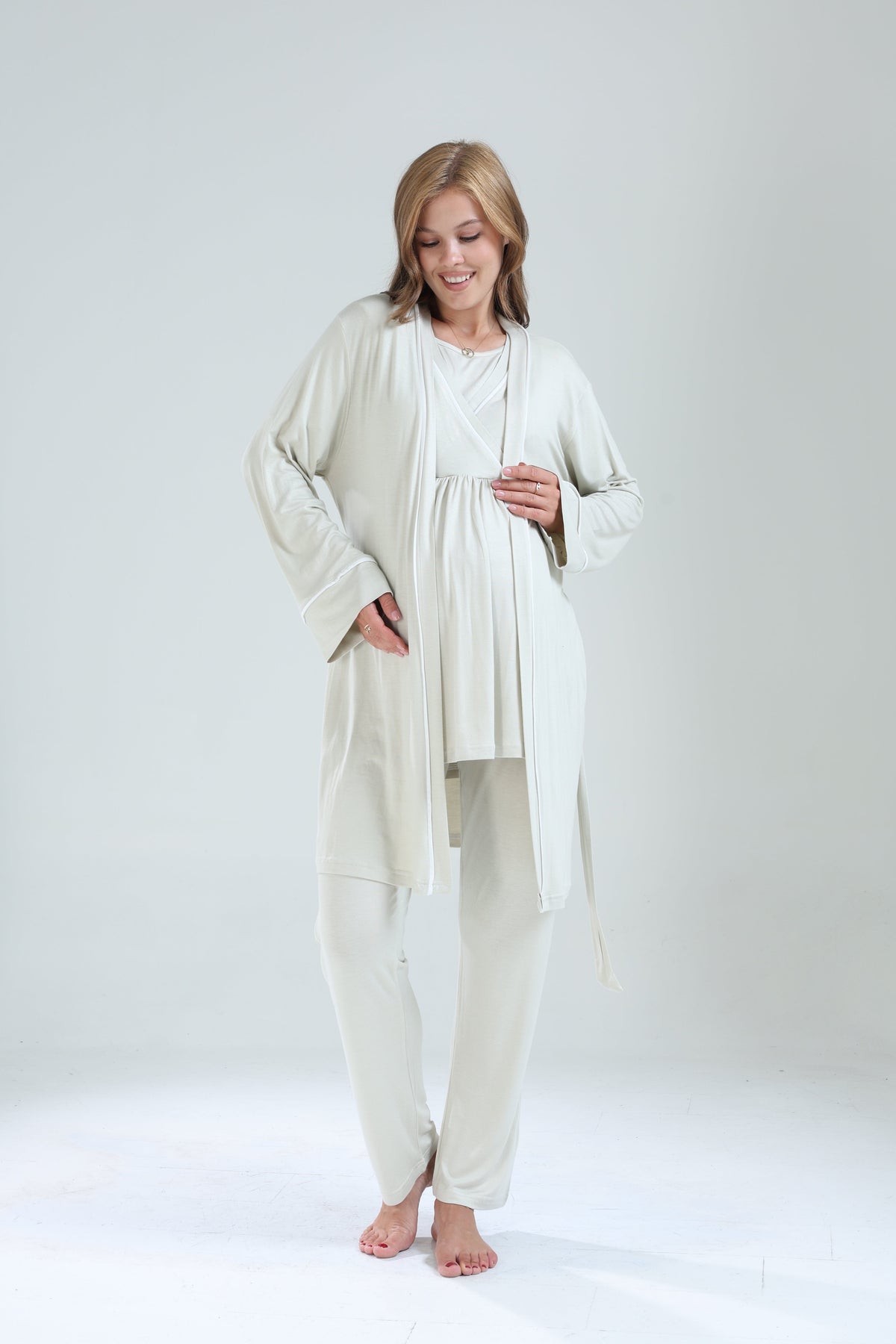 Biyeli 3'lü Sabahlıklı Kruvaze Lohusa Pijama Takımı Mint Yeşili - 529