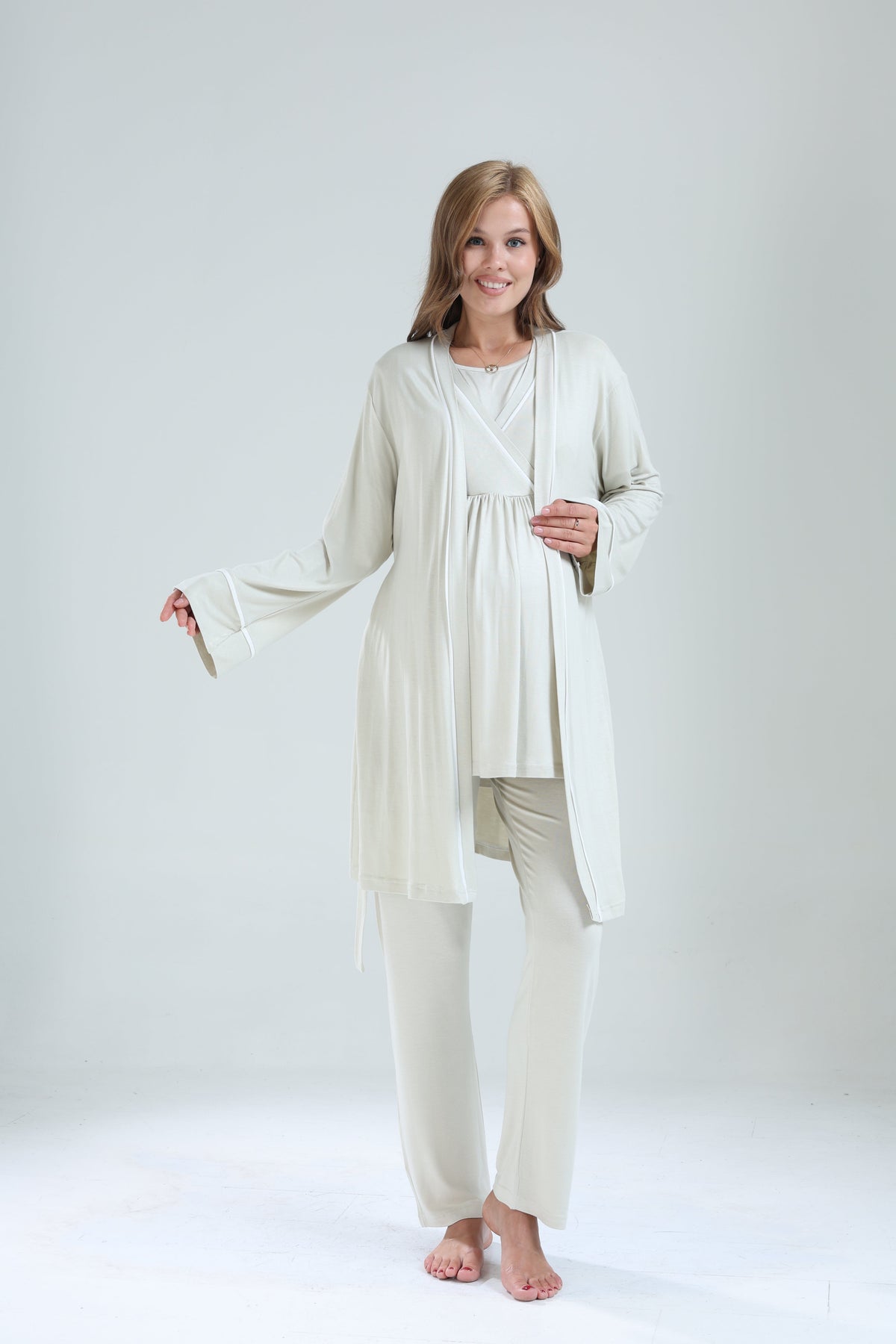 Biyeli 3'lü Sabahlıklı Kruvaze Lohusa Pijama Takımı Mint Yeşili - 529
