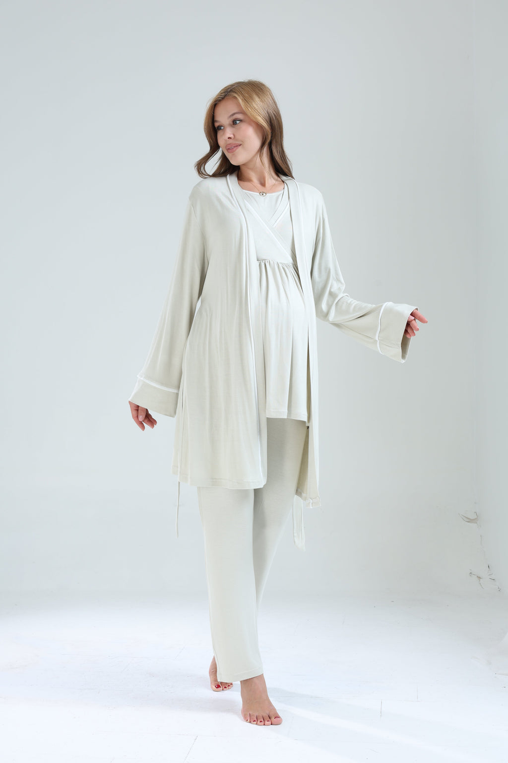 Biyeli 3'lü Sabahlıklı Kruvaze Lohusa Pijama Takımı Mint Yeşili - 529