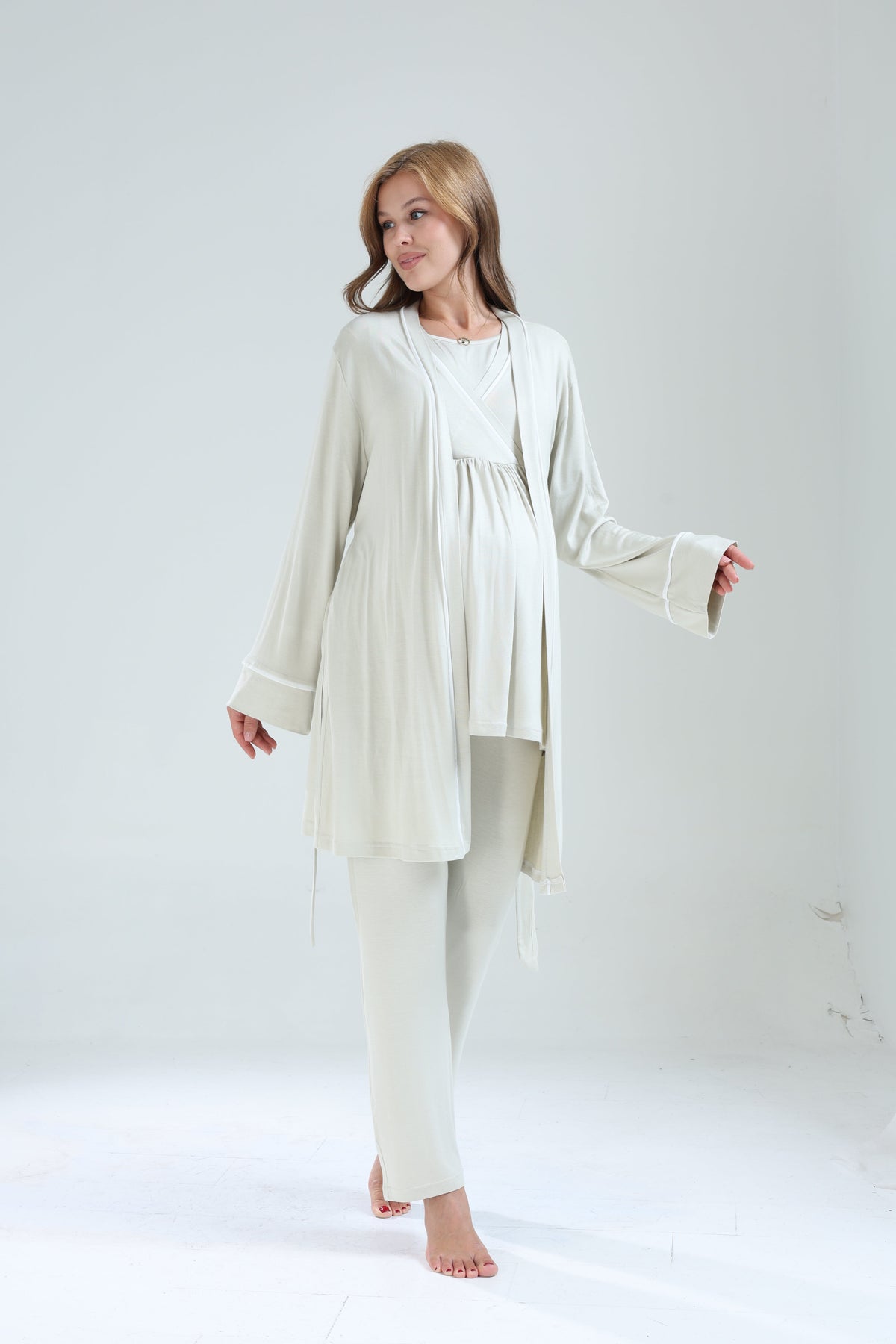 Biyeli 3'lü Sabahlıklı Kruvaze Lohusa Pijama Takımı Mint Yeşili - 529
