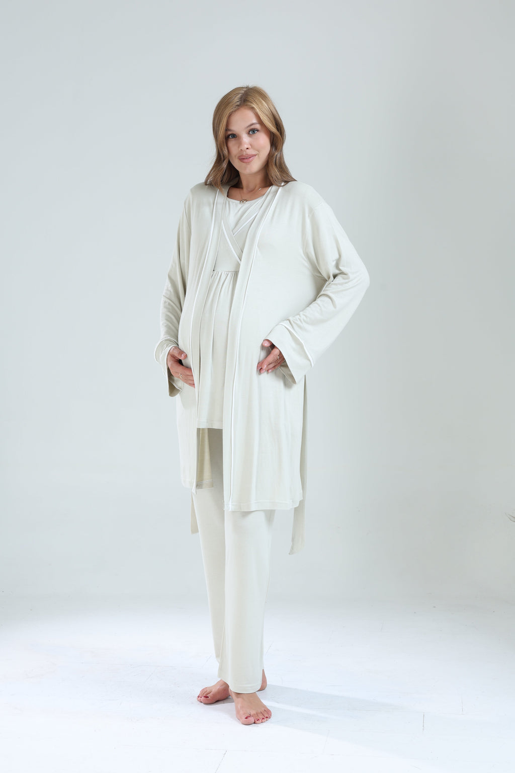 Biyeli 3'lü Sabahlıklı Kruvaze Lohusa Pijama Takımı Mint Yeşili - 529