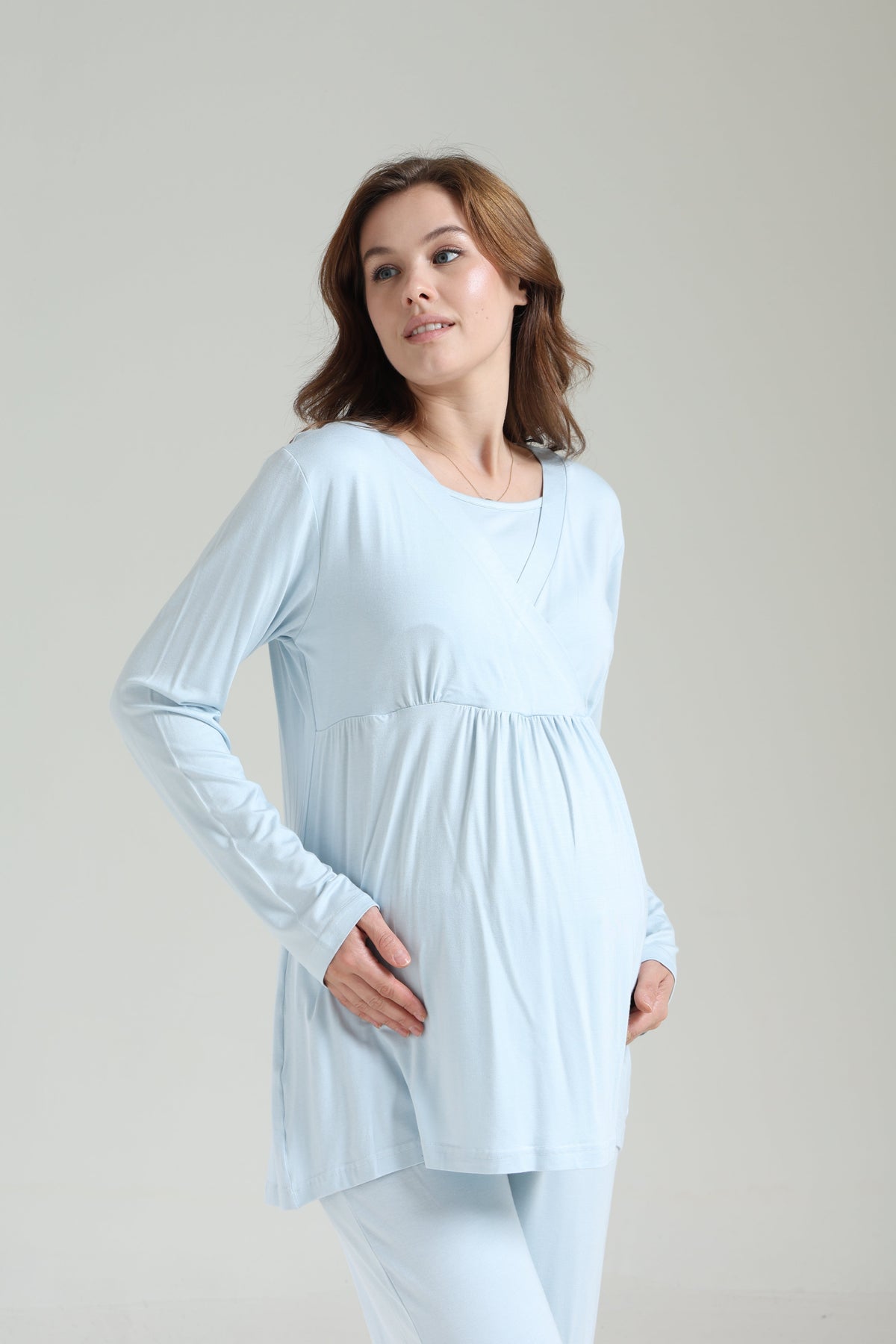 Kışlık Bebe Yaka 3'lü Sabahlıklı Kruvaze Lohusa Pijama Takımı Mavi - 1039