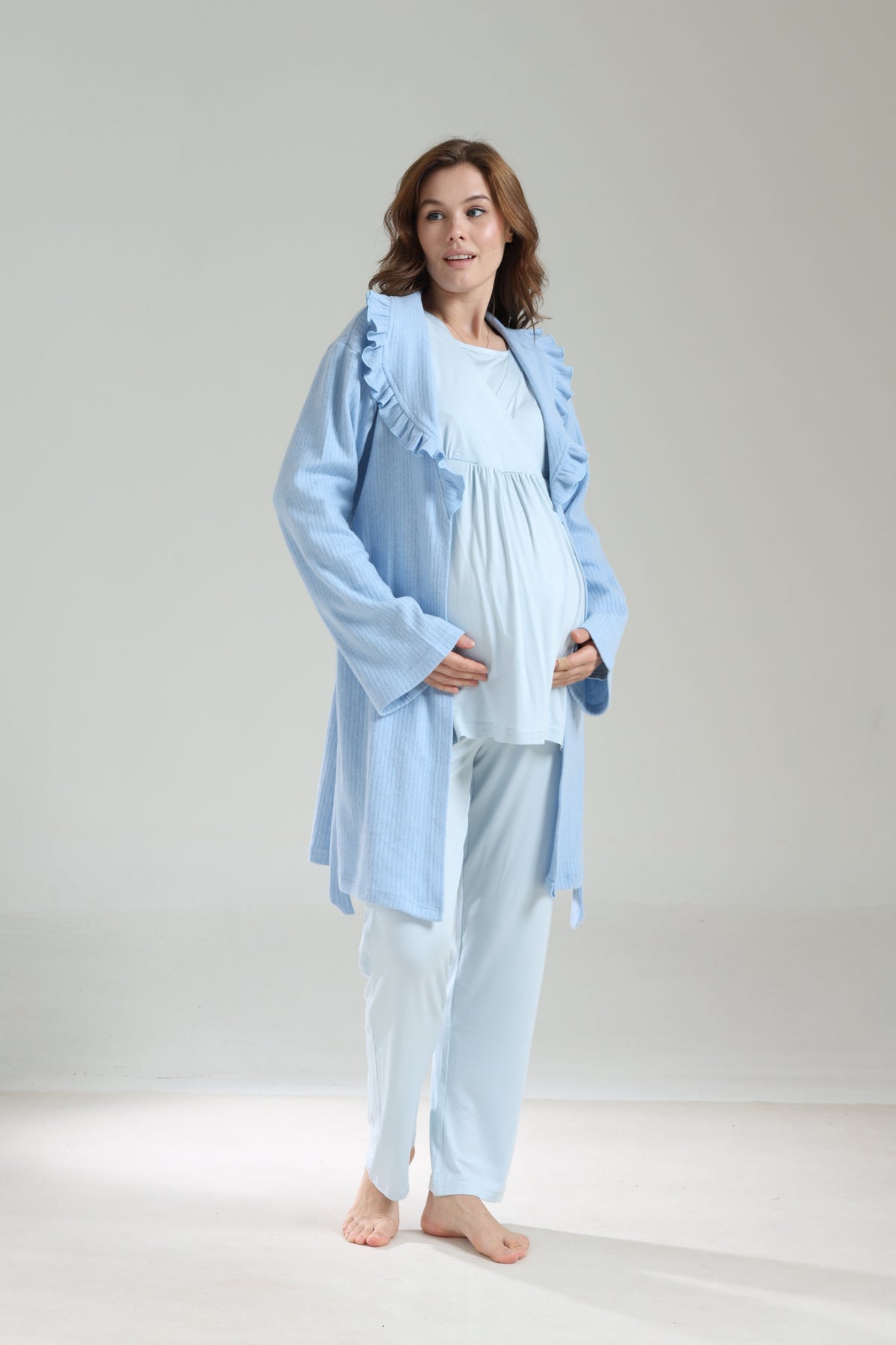 Kışlık Bebe Yaka 3'lü Sabahlıklı Kruvaze Lohusa Pijama Takımı Mavi - 1039