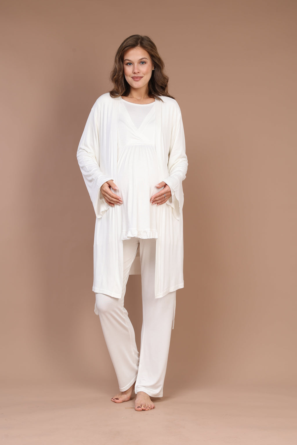 Kruvaze Sade Uzun Kollu 3'lü Sabahlıklı Lohusa Pijama Takımı Ekru - 624