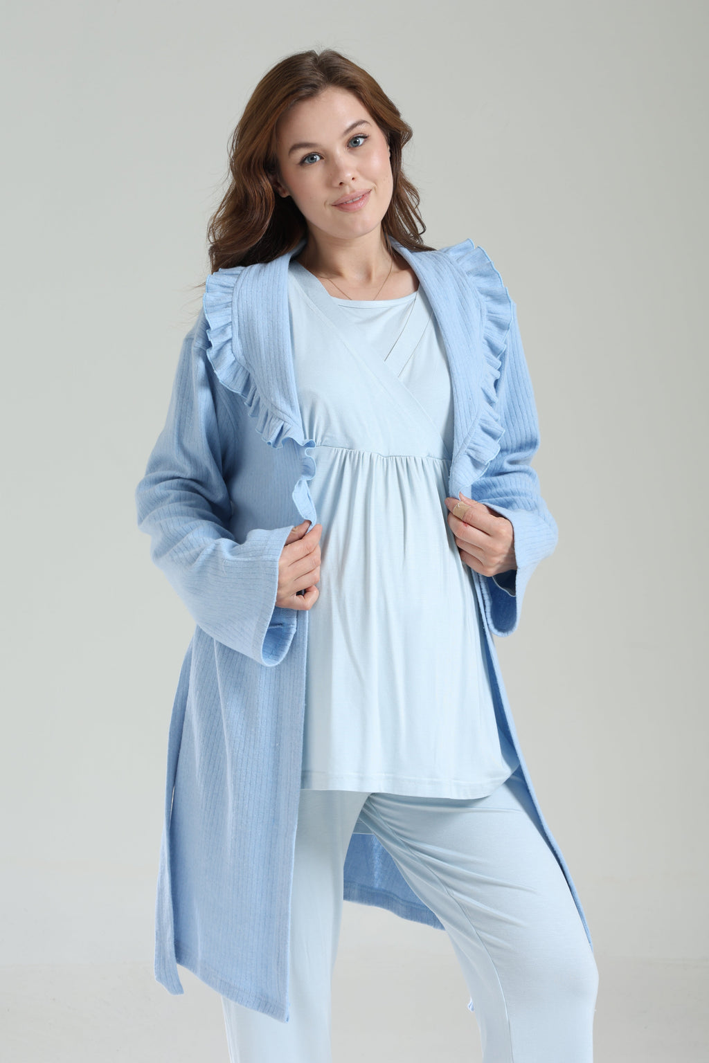 Kışlık Bebe Yaka 3'lü Sabahlıklı Kruvaze Lohusa Pijama Takımı Mavi - 1039