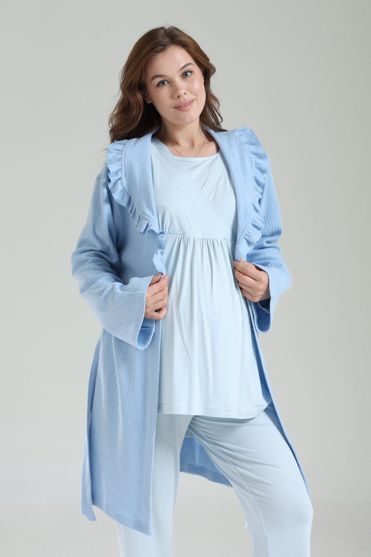 Kışlık Bebe Yaka 3'lü Sabahlıklı Kruvaze Lohusa Pijama Takımı Mavi - 1039