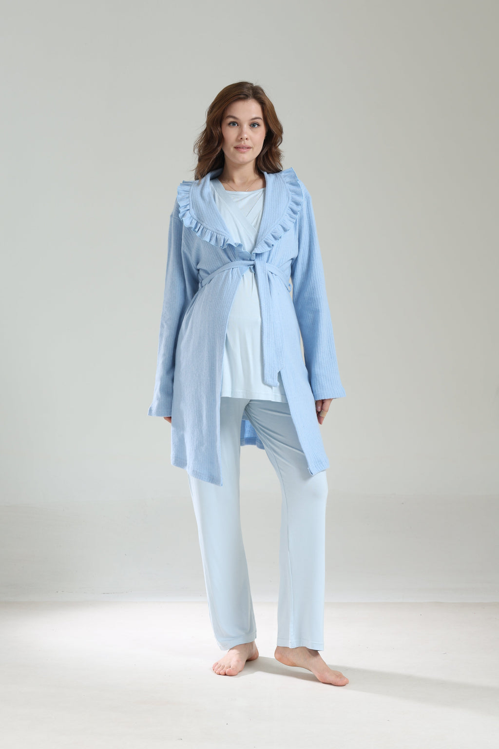 Kışlık Bebe Yaka 3'lü Sabahlıklı Kruvaze Lohusa Pijama Takımı Mavi - 1039