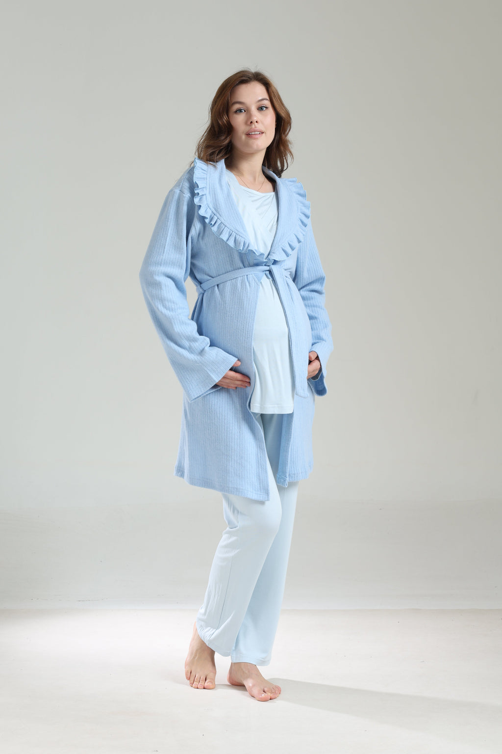 Kışlık Bebe Yaka 3'lü Sabahlıklı Kruvaze Lohusa Pijama Takımı Mavi - 1039