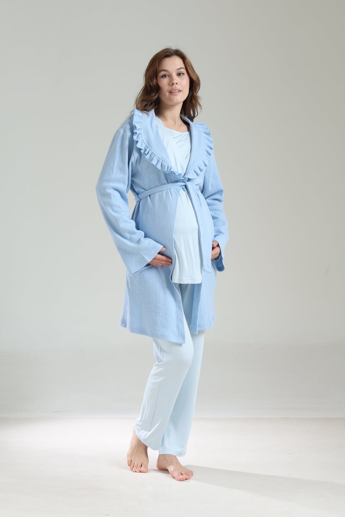 Kışlık Bebe Yaka 3'lü Sabahlıklı Kruvaze Lohusa Pijama Takımı Mavi - 1039