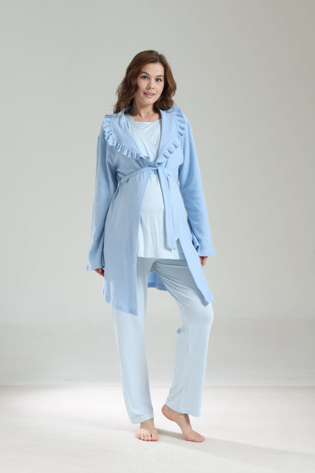 Kışlık Bebe Yaka 3'lü Sabahlıklı Kruvaze Lohusa Pijama Takımı Mavi - 1039