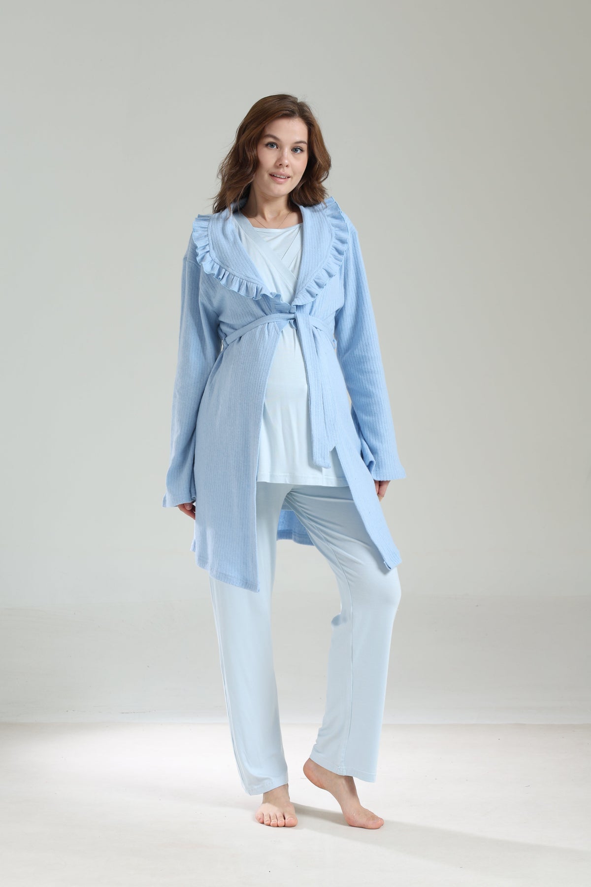 Kışlık Bebe Yaka 3'lü Sabahlıklı Kruvaze Lohusa Pijama Takımı Mavi - 1039
