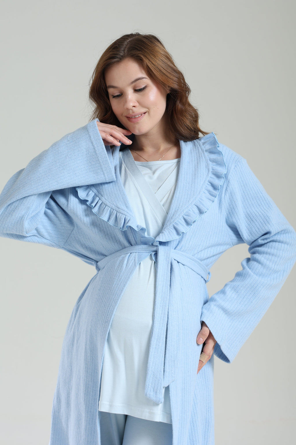 Kışlık Bebe Yaka 3'lü Sabahlıklı Kruvaze Lohusa Pijama Takımı Mavi - 1039