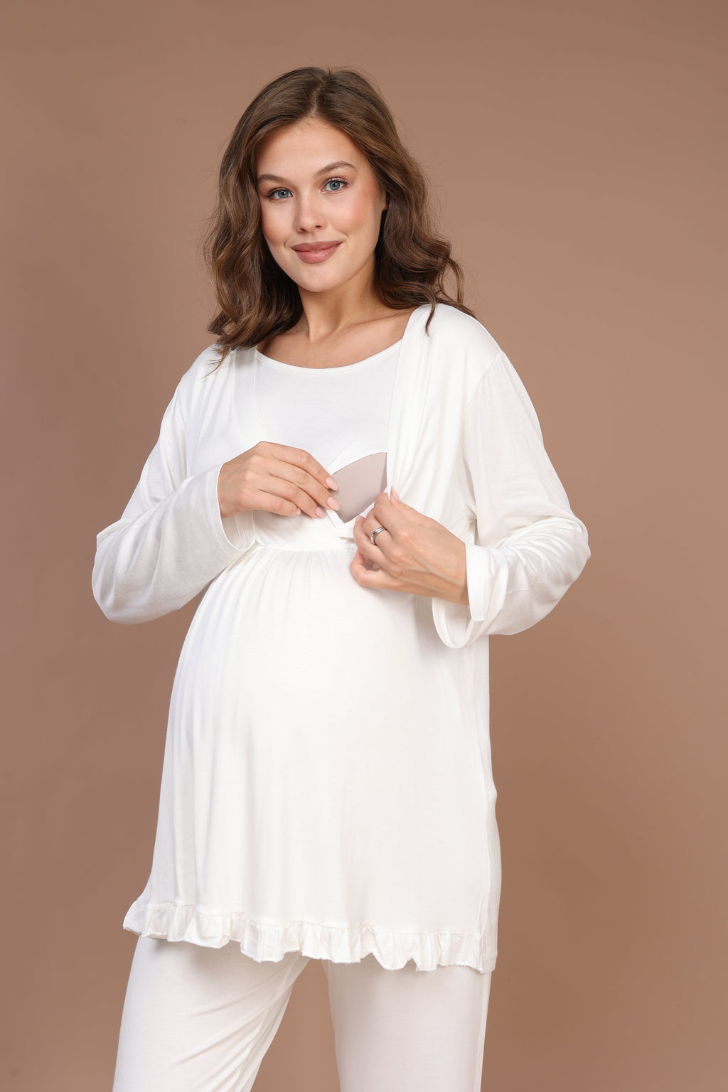 Kruvaze Sade Uzun Kollu 3'lü Sabahlıklı Lohusa Pijama Takımı Ekru - 624