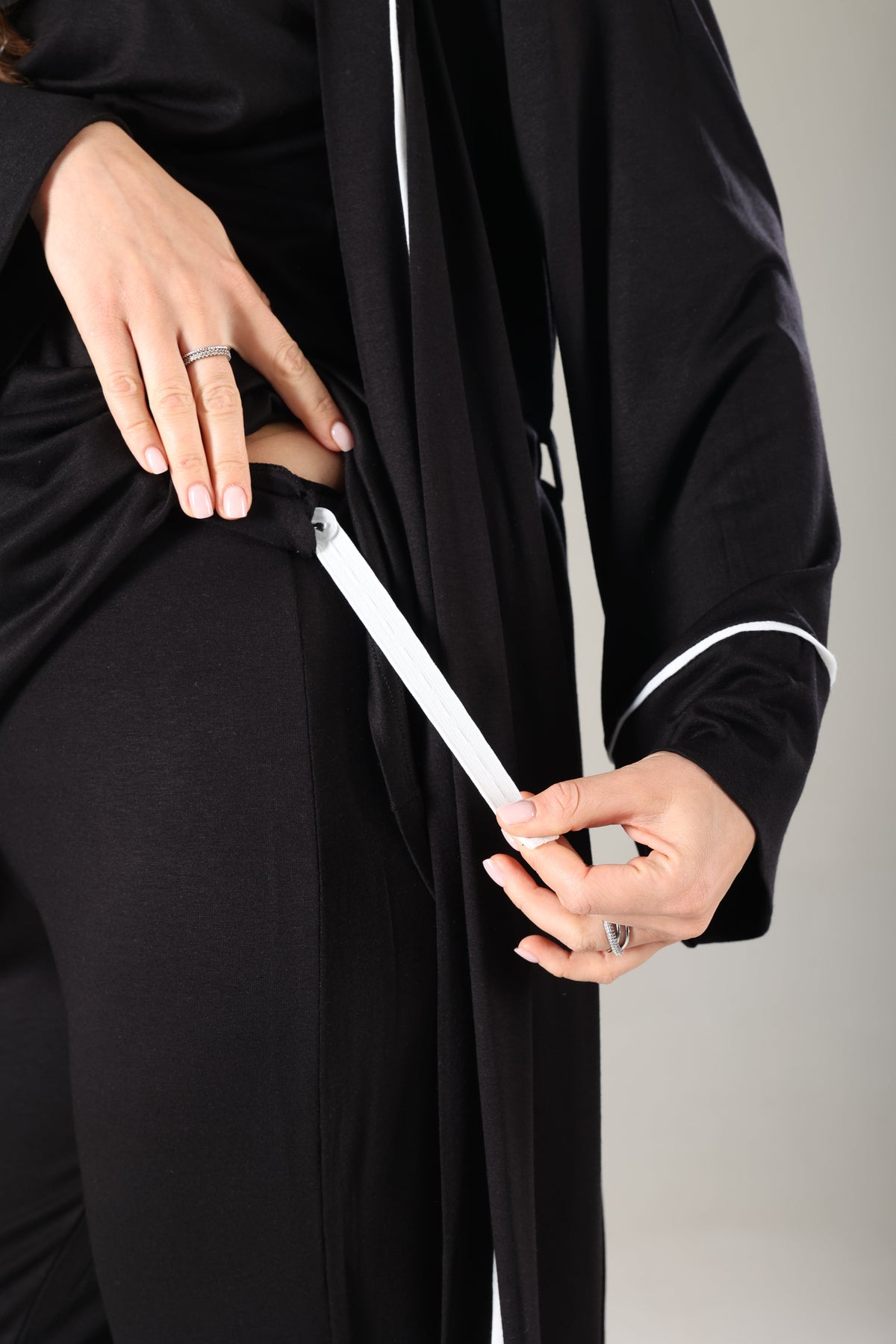 Biyeli Kruvaze 3'lü Sabahlıklı Lohusa Pijama Takımı Siyah - 808