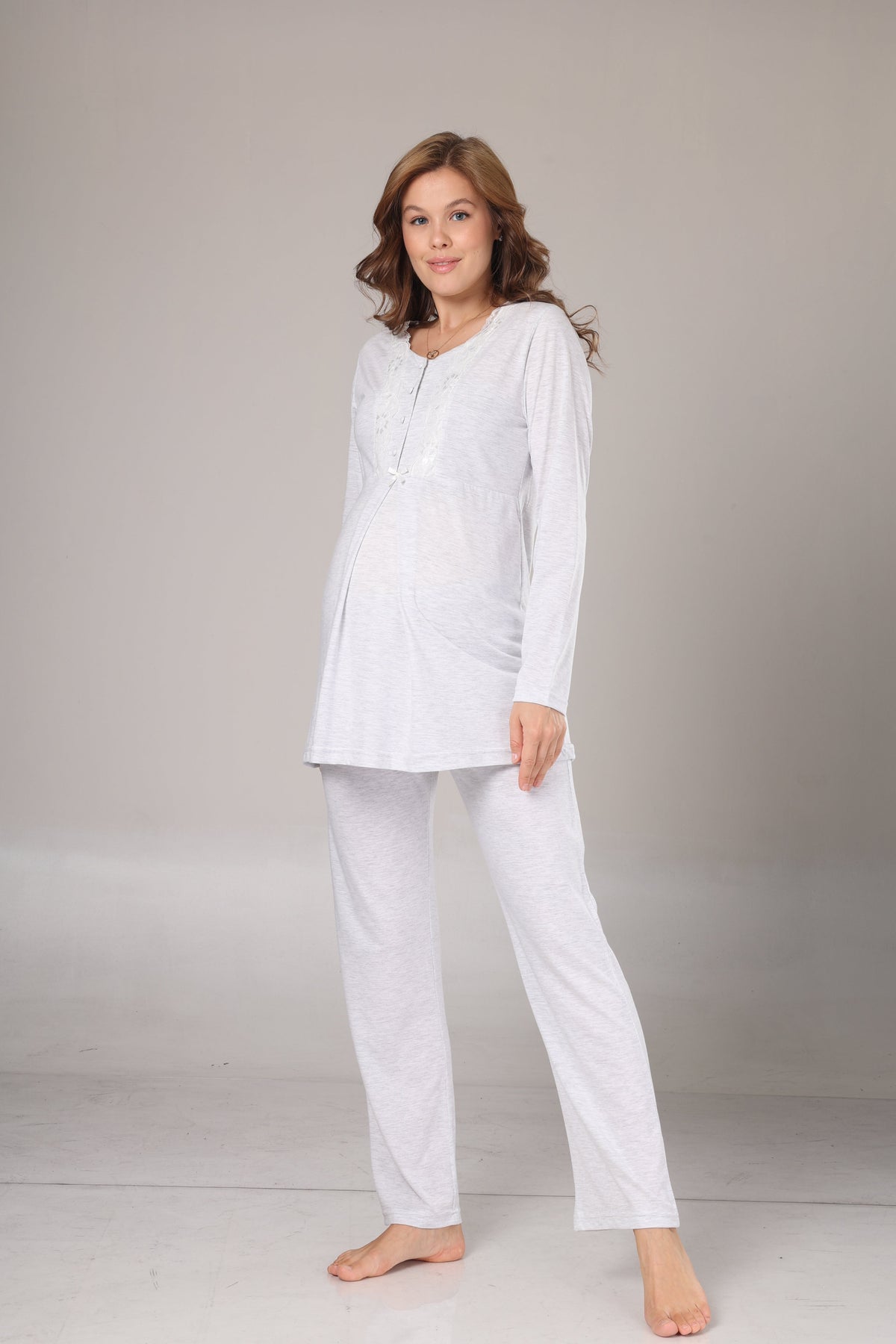 Kışlık 3'lü Sabahlıklı Lohusa Pijama Takımı Gri Melanj - 1004