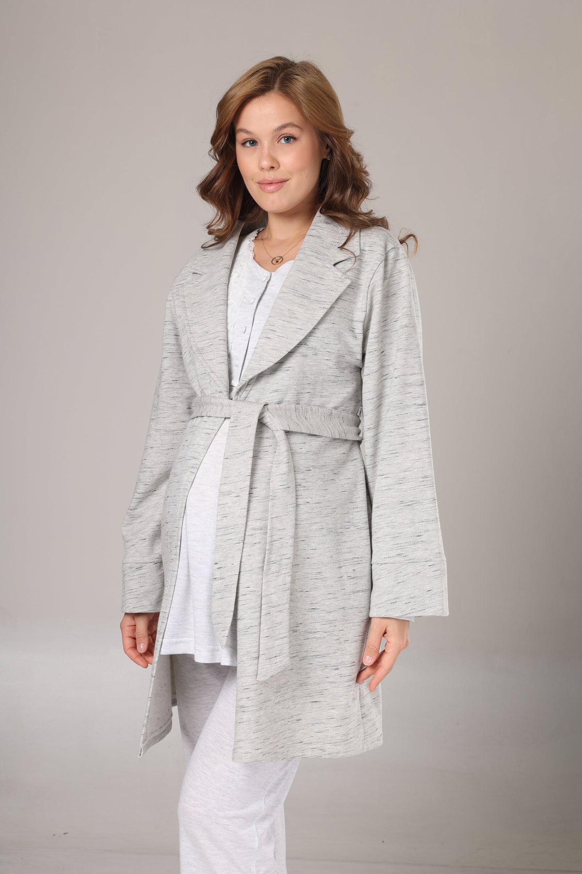 Kışlık 3'lü Sabahlıklı Lohusa Pijama Takımı Gri Melanj - 1004