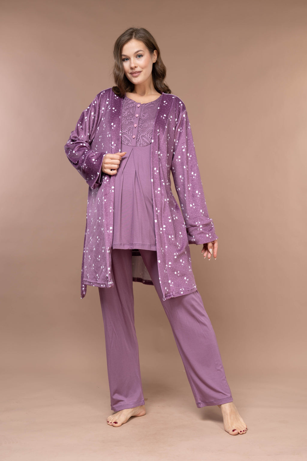 Yumuşak Kadife 3'lü Sabahlıklı Kışlık Lohusa Pijama Takımı Mürdüm - 628