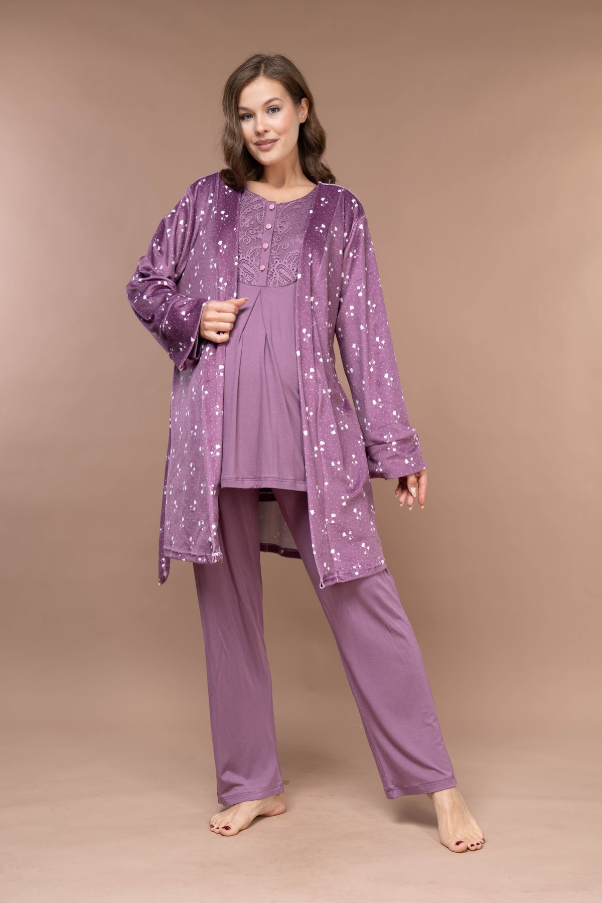 Yumuşak Kadife 3'lü Sabahlıklı Kışlık Lohusa Pijama Takımı Mürdüm - 628