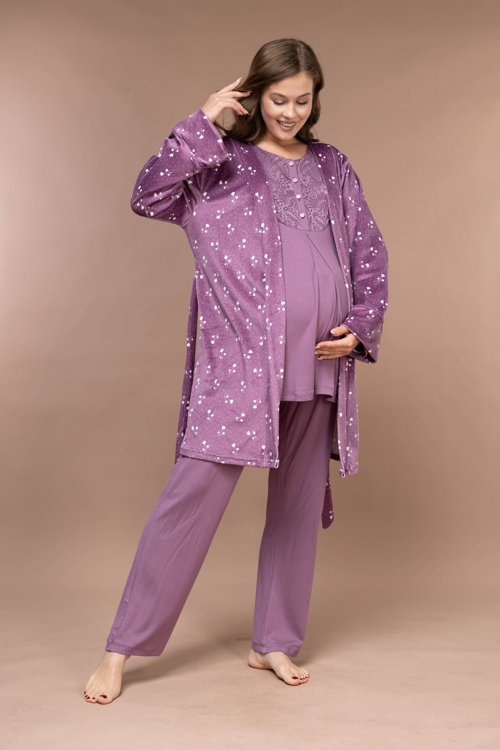 Yumuşak Kadife 3'lü Sabahlıklı Kışlık Lohusa Pijama Takımı Mürdüm - 628