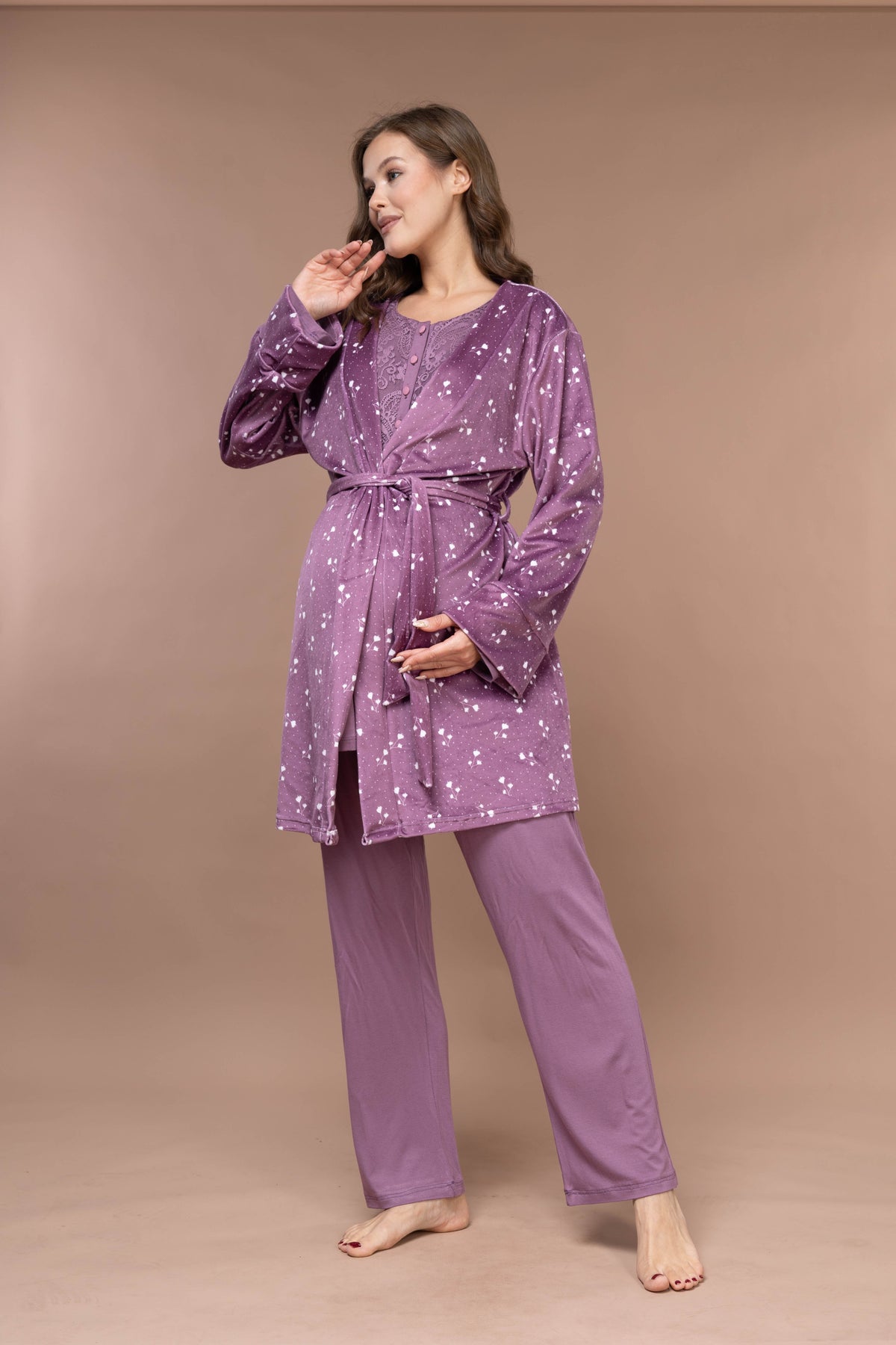 Yumuşak Kadife 3'lü Sabahlıklı Kışlık Lohusa Pijama Takımı Mürdüm - 628