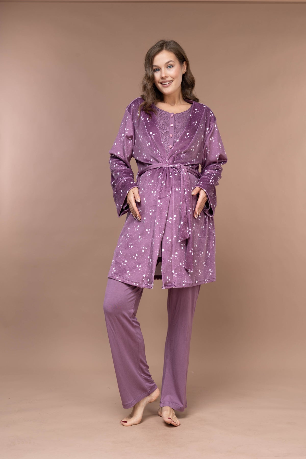Yumuşak Kadife 3'lü Sabahlıklı Kışlık Lohusa Pijama Takımı Mürdüm - 628