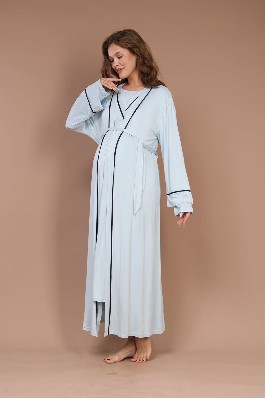 Gizli Emzirme Özellikli Biyeli 2'li Sabahlıklı Lohusa Gecelik Takımı Mavi - 544