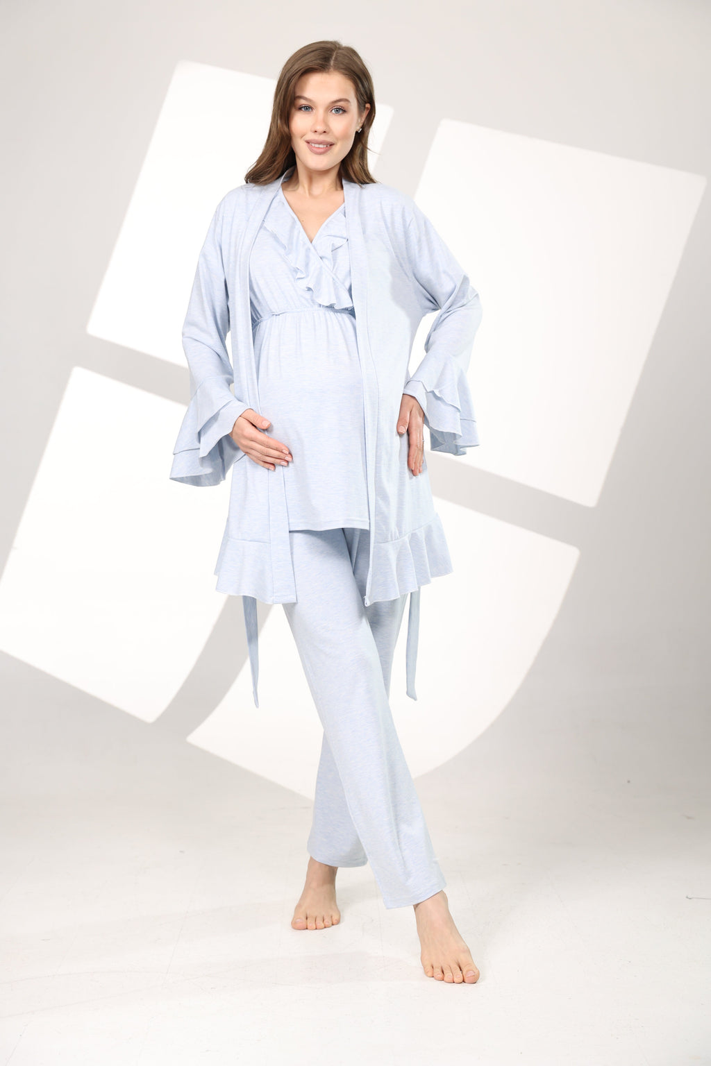Yumuşak Dokulu 3'lü Sabahlıklı Kruvaze Lohusa Pijama Takımı Mavi Melanj - 585